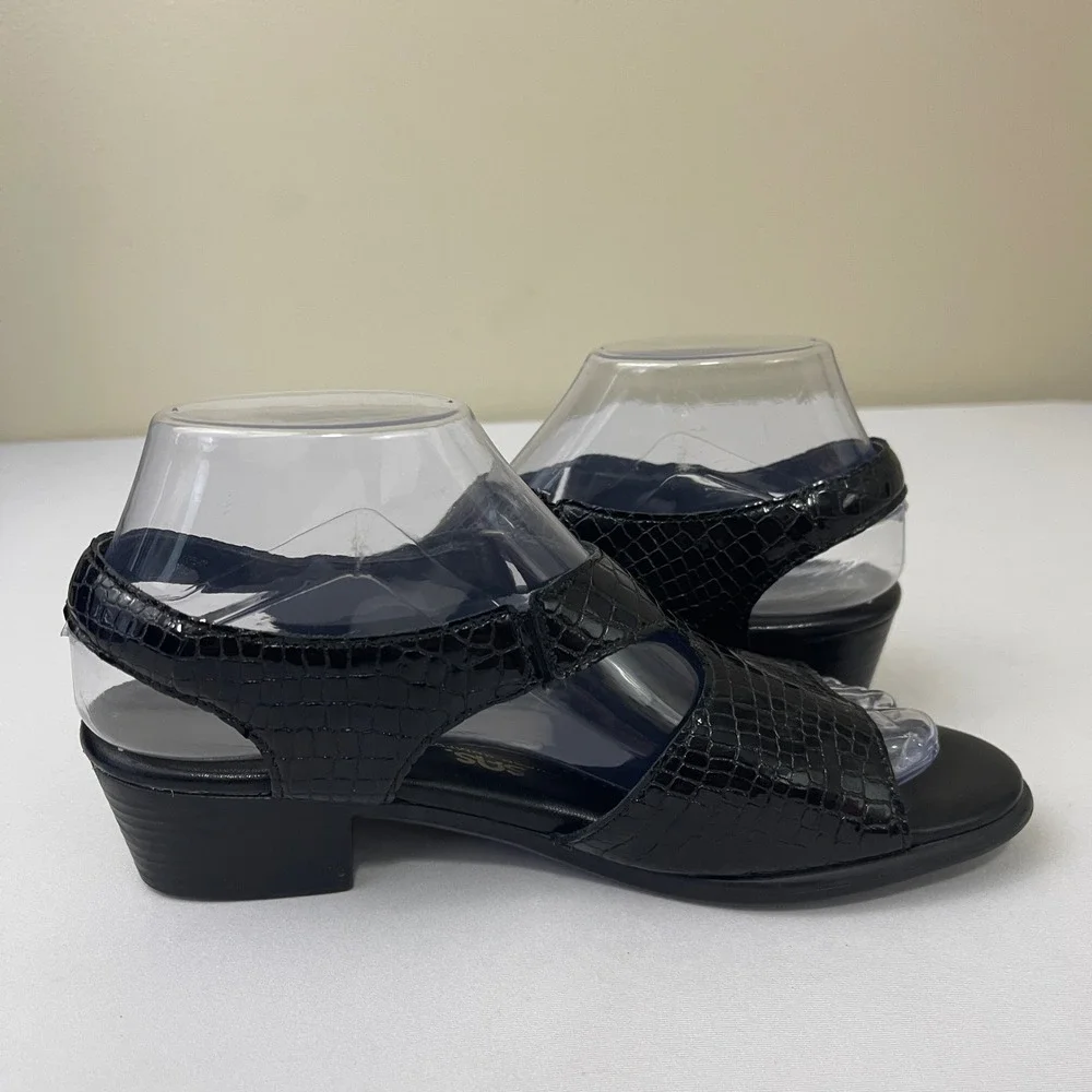 SAS Suntimer 7.5W‎ Black Croc Embossed Slingback Comfort Block Heel Sandals